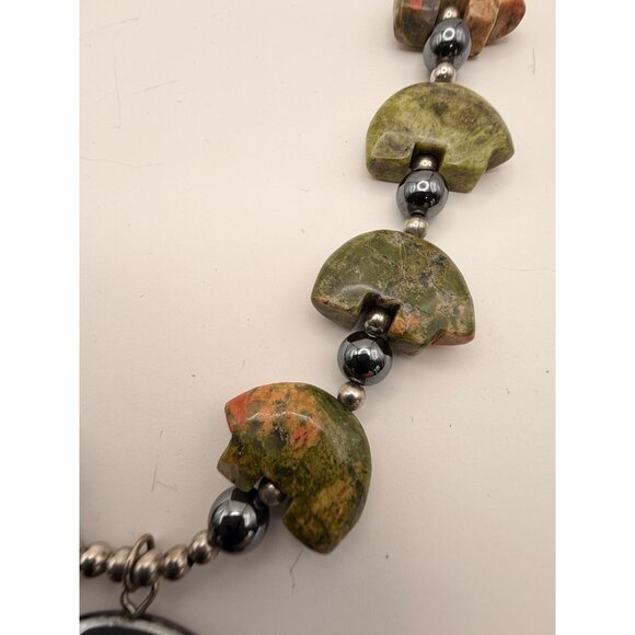 VTG Boho Unakite Stone Bear Pendant Necklace 24" Hematite Beads Southwestern Nat - Picture 3 of 10